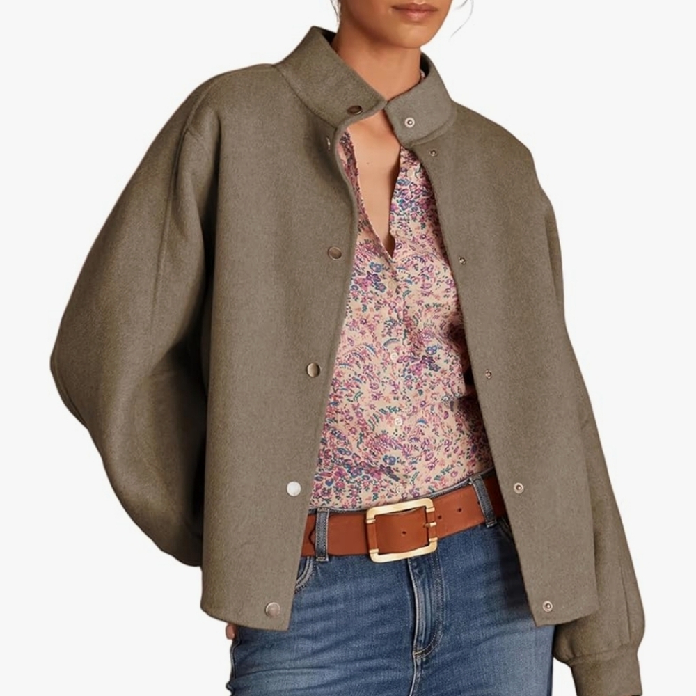 PUWEI Women's Cropped Pea Coat Stand Collar Single Breasted Size L